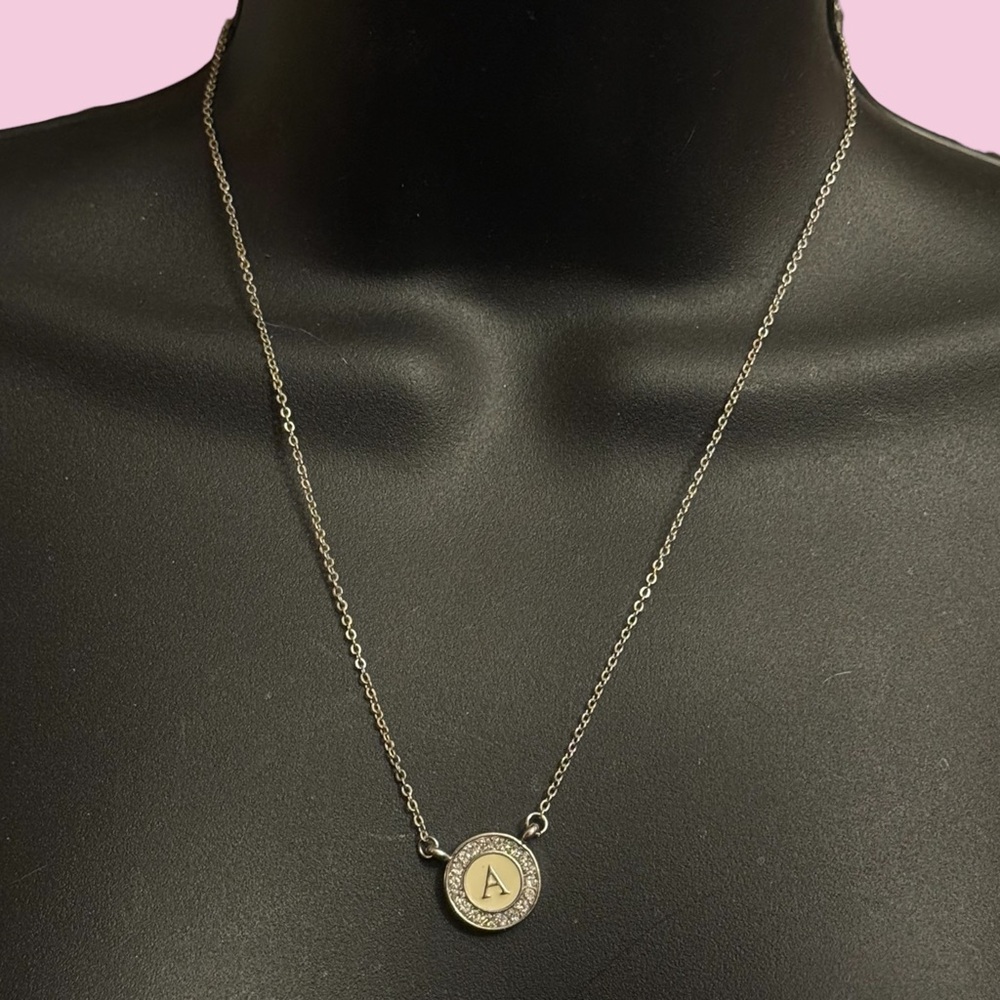 Silver tone white gold bond round disc initial letter A pendant necklace